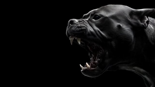 A black dog is exhibiting its teeth while facing forward in a dark setting with detailed features