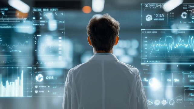 A researcher observes and interprets multiple data displays in a laboratory setting during a study