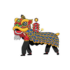 A person in a vibrant dragon costume with colorful patterns and a decorative headpiece performs a traditional dance against a clean white background, conveying a festive and lively mood.