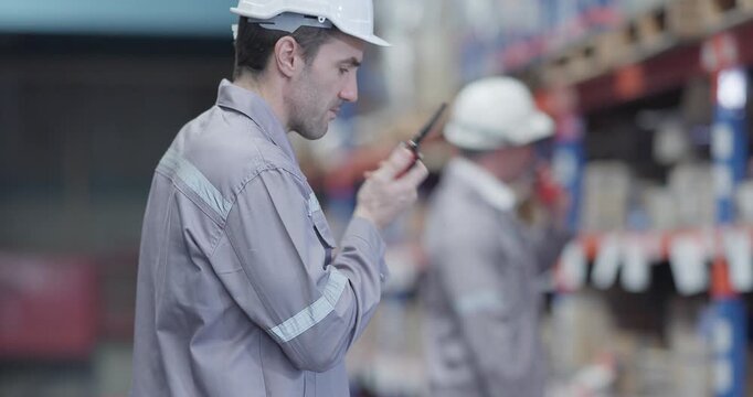 Warehouse workers collaborate on sustainable logistic strategy, review documents, data to implement eco-friendly workflows and reduce carbon footprint of transportation operations in storage facility

