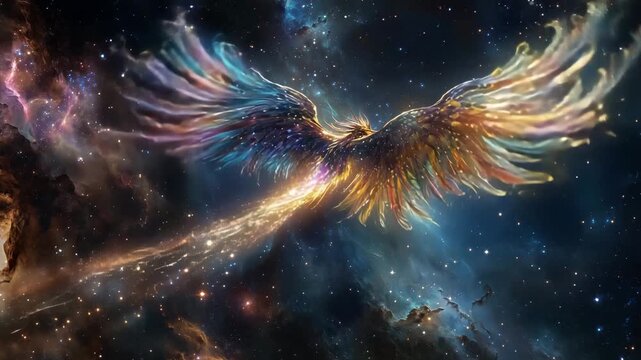 A firebird moves gracefully in a colorful cosmic environment filled with stars and galaxies at night