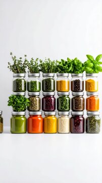 Arrangement of glass jars filled with herbs, spices, and seeds, showcasing a variety of colorful ingredients with plants growing on top