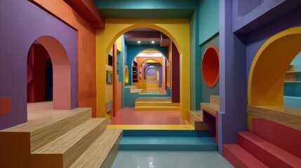 Vibrant modern interior with colorful arches and steps