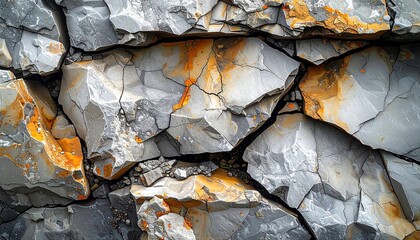 Close up of weathered rock face with gray and orange hues and fissures