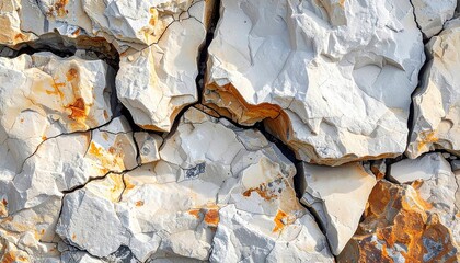 Close up of weathered rock face showing textures and cracks on the surface