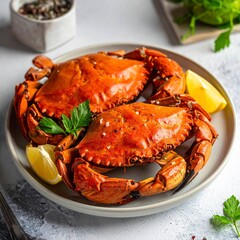Delicious cooked crabs served with lemon slices on a plate ready to eat