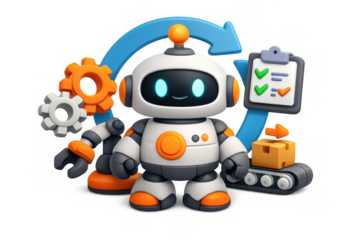 Cute automation robot icon with gear and conveyor belt for technology design