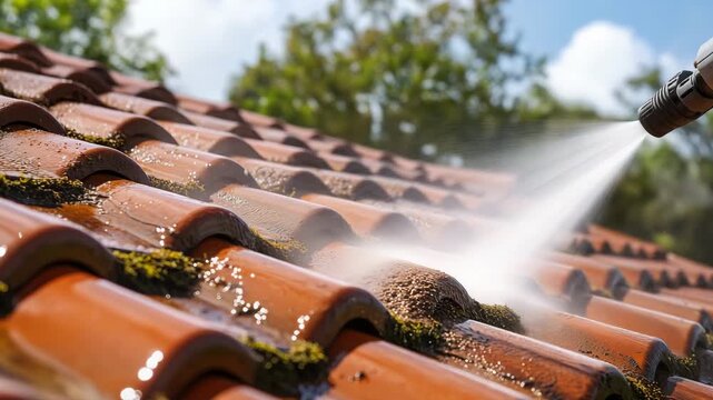 A person uses high pressure water spray to clean moss and dirt from tiled roofs in a residential neighborhood during daylight