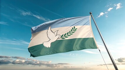 Peace flag with dove and olive branch flying high on a flagpole against a blue sky with clouds symbolizing hope and harmony