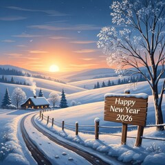 Snowy Sunset Landscape with Winter Village, Trees, and a Happy New Year Sign in Snow.