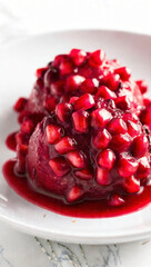 A closeup of juicy red pomegranate seeds on a white plate reveals a fresh, healthy, and organic dessert perfect for a natural vegetarian diet