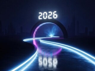 Futuristic neon light highway toward 2026 city skyline at night.