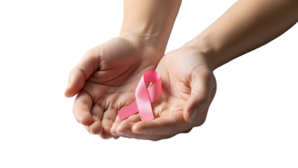 Hands holding pink ribbon