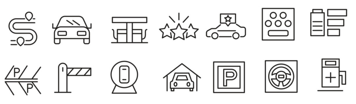 Taxi cab, car service line icon set. Rideshare, travel driver, passenger, taxi app, fare, Hail a Cab, location, rent a car, vector icon collection. UI outline icon pack