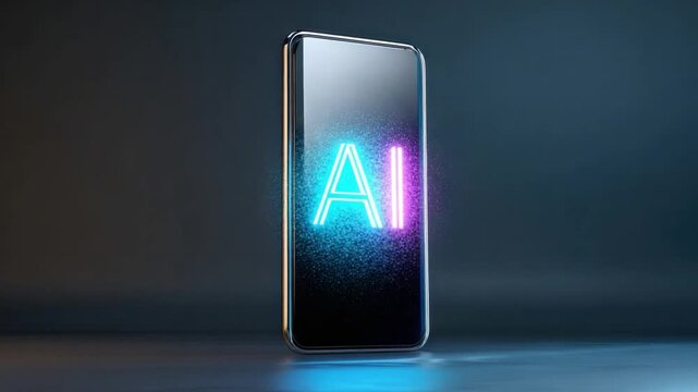 Futuristic AI Smartphone: A sleek smartphone displays the glowing neon AI symbol, highlighting the blend of technology and innovation. Reflecting a futuristic vision of artificial intelligence.