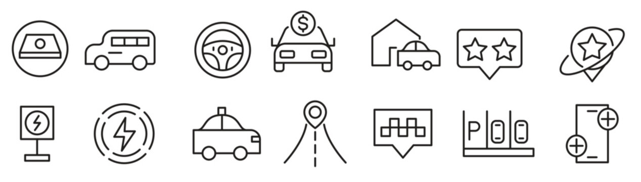 Taxi cab, car service line icon set. Rideshare, travel driver, passenger, taxi app, fare, Hail a Cab, location, rent a car, vector icon collection. UI outline icon pack