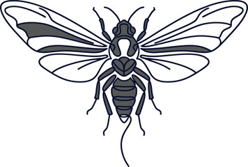 Fototapeta premium A stylized, black and grey graphic of a bee in flight, showcasing detailed wings and body segments on white background. 