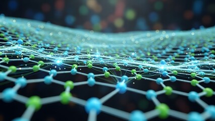 Abstract representation of a molecular lattice structure with glowing nodes and a blurred background.