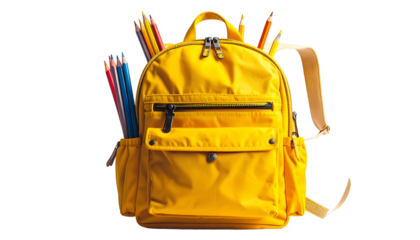A vibrant yellow backpack filled with colorful pencils, ready for school (1)