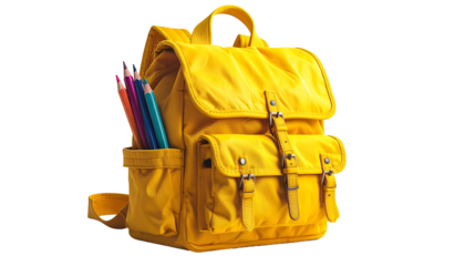 A vibrant yellow backpack filled with colorful pencils, ready for school