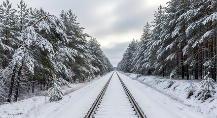 Straight railway tracks disappear into the distance surrounded by snow covered evergreen forest
