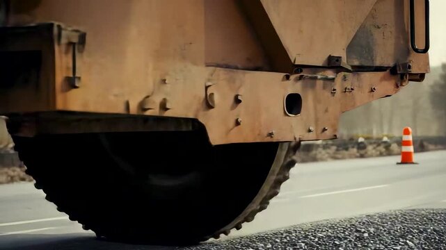 Rusty heavy duty road roller compacting gravel asphalt with traffic cone nearby