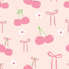 Cherries with bow ties and daisies seamless pattern.eps
