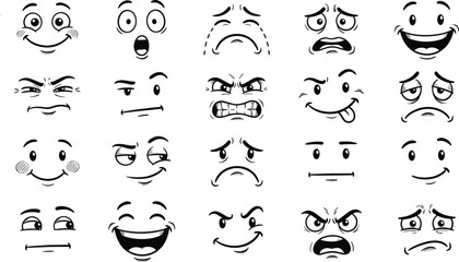 Hand drawn cartoon facial expressions set, funny emoji faces collection, emotional comic reactions icons pack, CAD drawing flat vector illustration © Rajbala