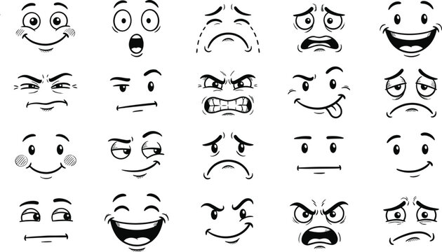 Hand drawn cartoon facial expressions set, funny emoji faces collection, emotional comic reactions icons pack, CAD drawing flat vector illustration