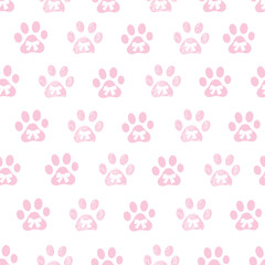 Pink paw prints with bows. Seamless fabric design pattern