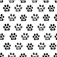 Black paw prints with bows. Seamless fabric design pattern.eps