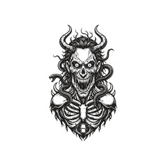 Dark aesthetic hand drawn engraving of a horned demon skeleton with snakes wrapped around its neck and body