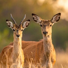 Two Alert Red Deer Standing in a Grassy Field.