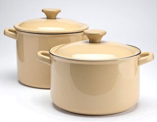 Two Beige Enamel Stockpots with Lids on White Background.