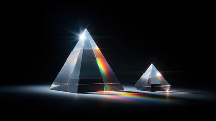 Two glass prisms one large pyramid and one small cone on black background with light rays from top creating rainbow effect abstract geometric display