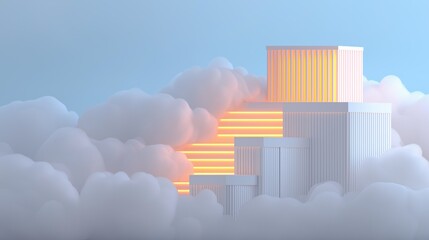 White and orange glowing building on top of clouds isometric view minimalistic design smooth shapes clean lines floating above atmospheric sky