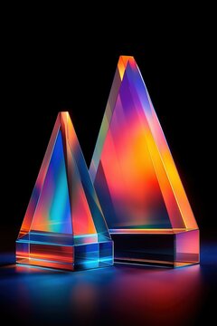 Two shiny iridescent glass pyramids in shape of isosceles triangle stacked on each other neon orange blue glow inside on black background