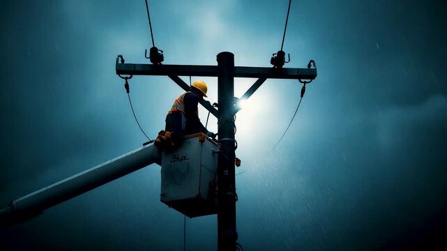 Lineman in safety gear working on power pole against stormy sky with glowing light