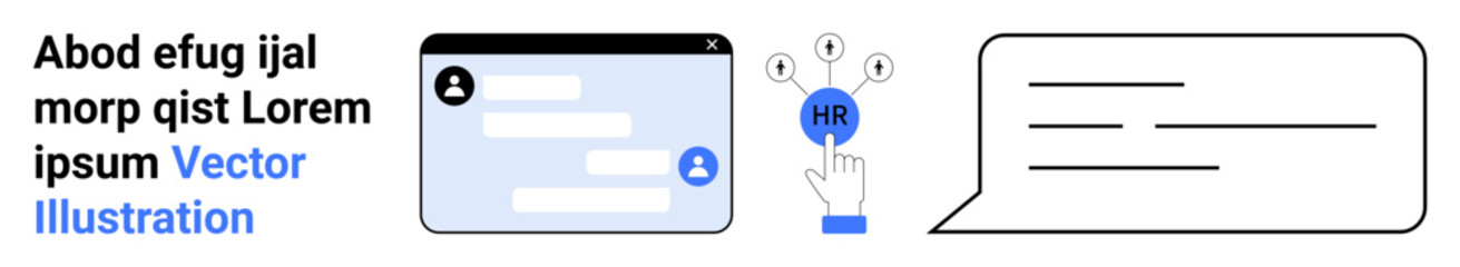 Fototapeta premium Human resources, digital communication, messaging, feedback, employee management, recruitment process. Messaging interface, hand pointing to HR symbol chat bubble. Human resources and digital