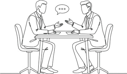 Fototapeta premium Two Businessmen Discussion Outline Drawing. Corporate Conversation Minimal Line Art. Office Meeting Outline Illustration. Business People Talking at Table line drawing.