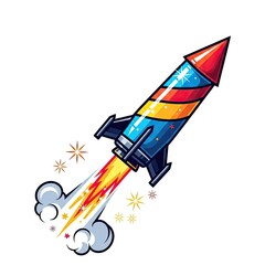 Colorful cartoon rocket launch bursting into the sky with flames and smoke.