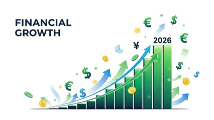 Illustrated Financial Growth Trend with Upward Graph and Currency Symbols.