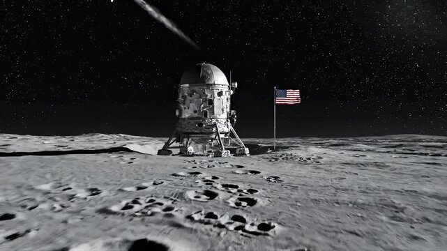 Lunar Lander on Moon Surface With Footprints and United States Flag