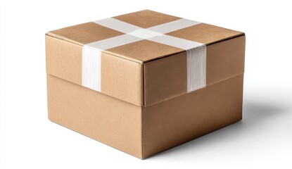 Crisp Brown Cardboard Box with White Tape, Isolated for Shipping, Delivery, or Gift.
