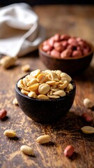 Two Bowls of Peanuts - Shelled and Unpeeled on Wooden Surface.