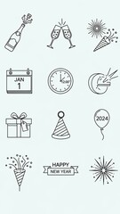 Set of hand-drawn New Year celebration icons and festive doodles.