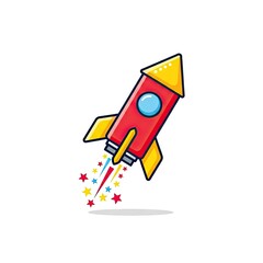 Colorful Cartoon Rocket Launch Illustration with Sparkling Trail and Dynamic Burst.