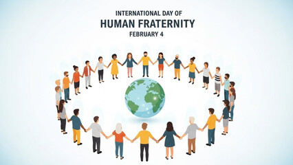 Diverse group of people holding hands around the earth on international day of human fraternity, symbolizing unity and global togetherness on february 4