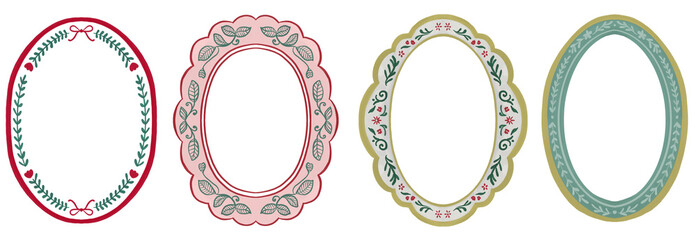 Watercolor decorative Oval scalloped Floral Frame Set Cottagecore Style. Hand-drawn floral, leaves, bows, and ornamental details. Ideal for invitations, labels, greeting cards, posters, banners. © sudevi