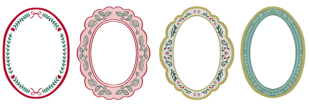 Watercolor decorative Oval scalloped Floral Frame Set Cottagecore Style. Hand-drawn floral, leaves, bows, and ornamental details. Ideal for invitations, labels, greeting cards, posters, banners.